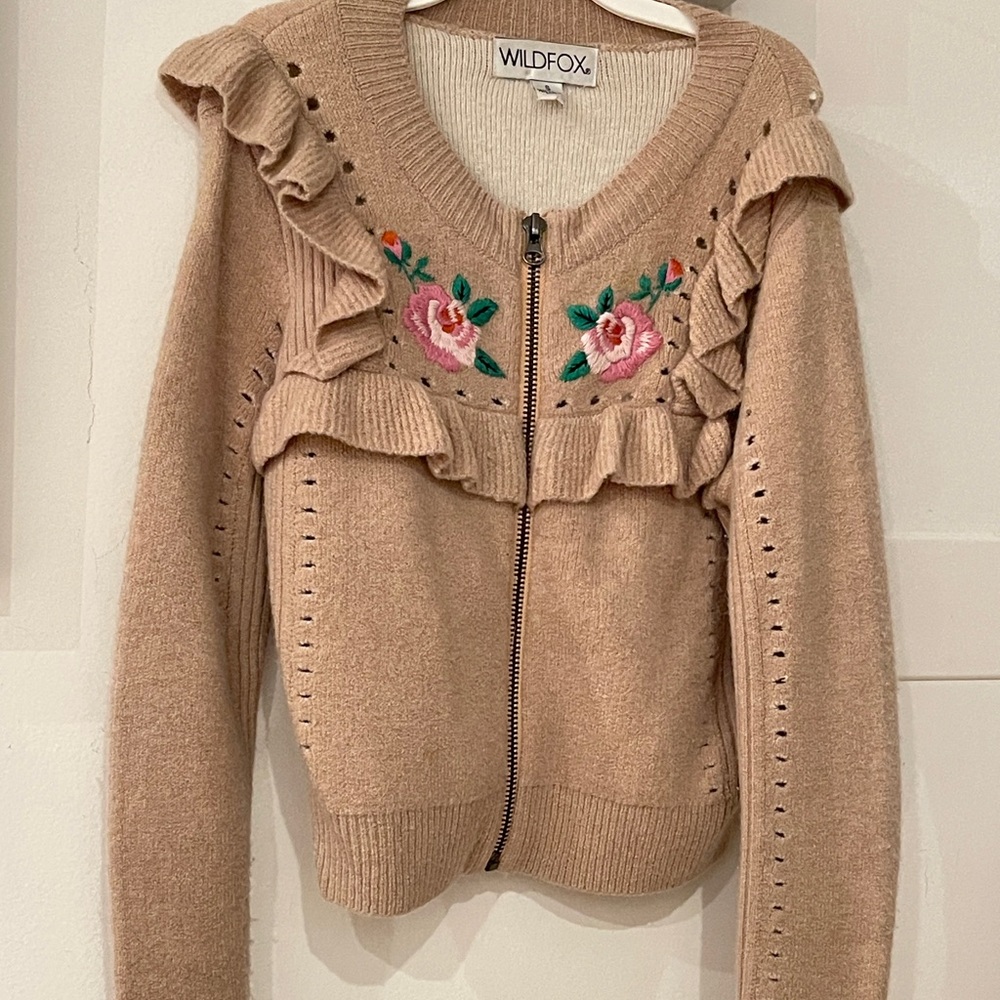 Wildfox Beige Cardigan with Floral Embroidery